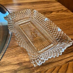 Clear Glass Oblong Tray Dish Diamond Cut Ruffled & Scalloped Edge 9"